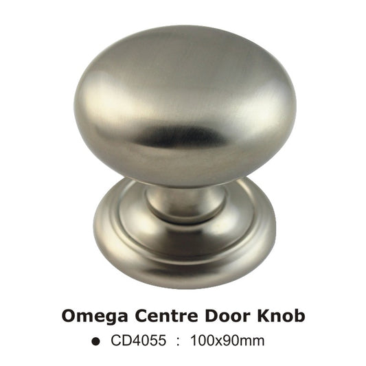 Omega Centre Door Knob by Euro Art, 100mm x 90mm, available in Polished Chrome and Satin Nickel. A high-quality, functional design that enhances doors with elegance and durability, perfect for various door styles