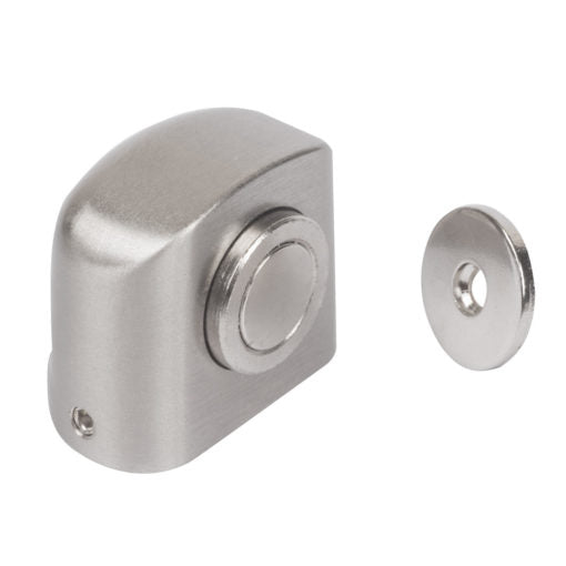 A compact Euro Art Magnetic Door Stopper in a sleek satin nickel finish. Features a cylindrical design with a powerful built-in magnet, providing reliable door-holding functionality. Compact at 45mm length, designed for easy installation and versatile use in modern interiors.