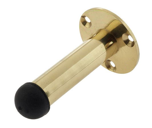 Euro Art Tubular Door Stop, 75mm in length, featuring a decorative rose detail and available in polished brass, polished chrome, and satin chrome finishes. Designed to protect walls while adding a sophisticated touch to door hardware.