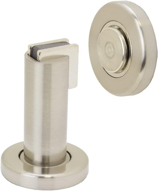 Euro Art Magnetic Door Stop, 75mm length, in a satin nickel finish. Features a strong magnetic mechanism to hold doors securely open, with durable construction for residential or commercial use.