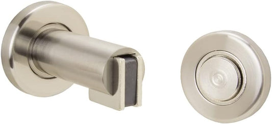 Euro Art Magnetic Door Stop, 75mm length, in a satin nickel finish. Features a strong magnetic mechanism to hold doors securely open, with durable construction for residential or commercial use.