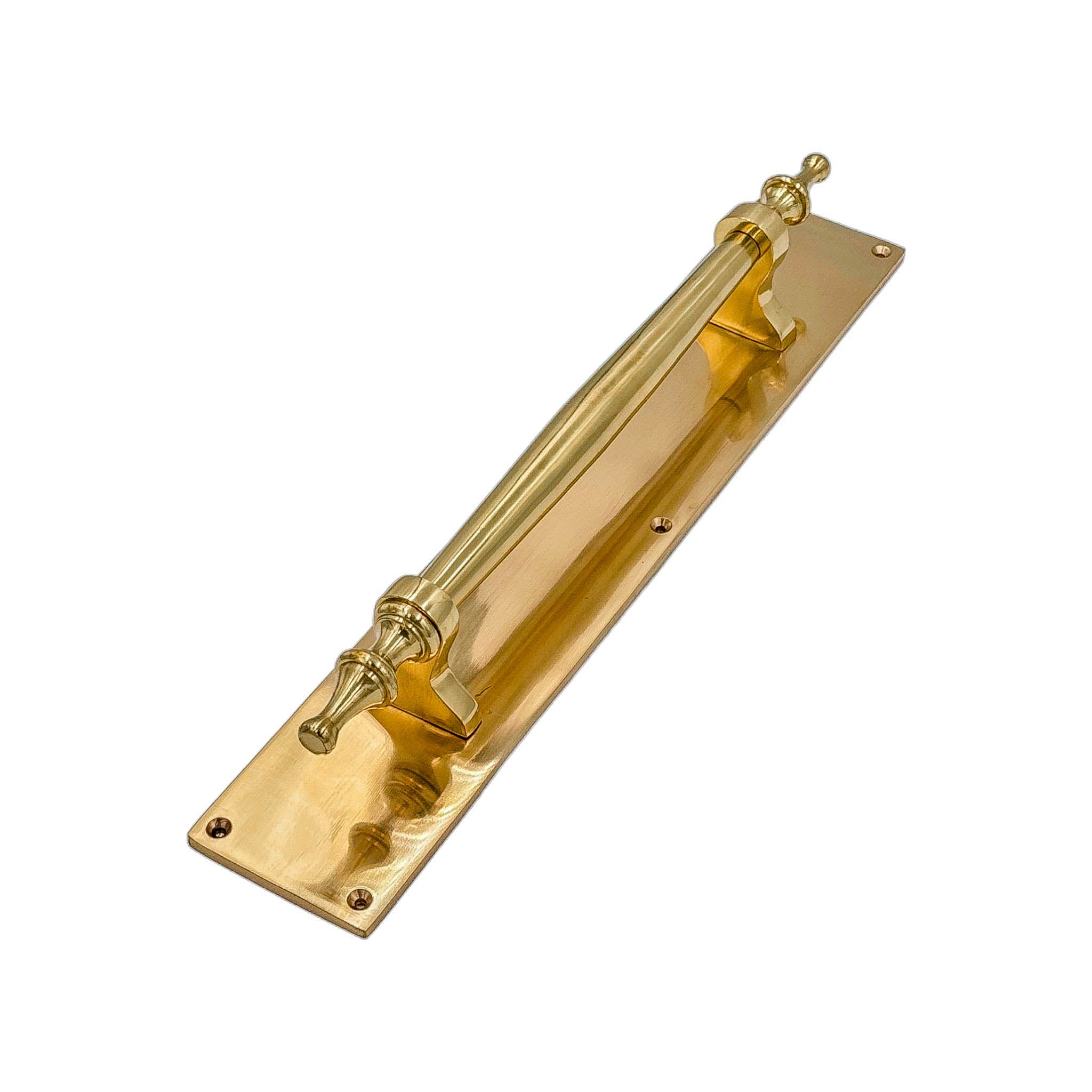 Dulice solid brass door pull handle on backplate, 380mm long and 68mm wide, with polished brass or chrome finish, ideal for large front doors and period properties