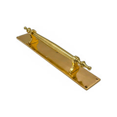 Dulice solid brass door pull handle on backplate, 380mm long and 68mm wide, with polished brass or chrome finish, ideal for large front doors and period properties