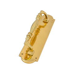 Horatio solid brass door pull handle, 300mm in length and 75mm wide, with a polished chrome or brass finish, designed for durability and style on residential or commercial doors.