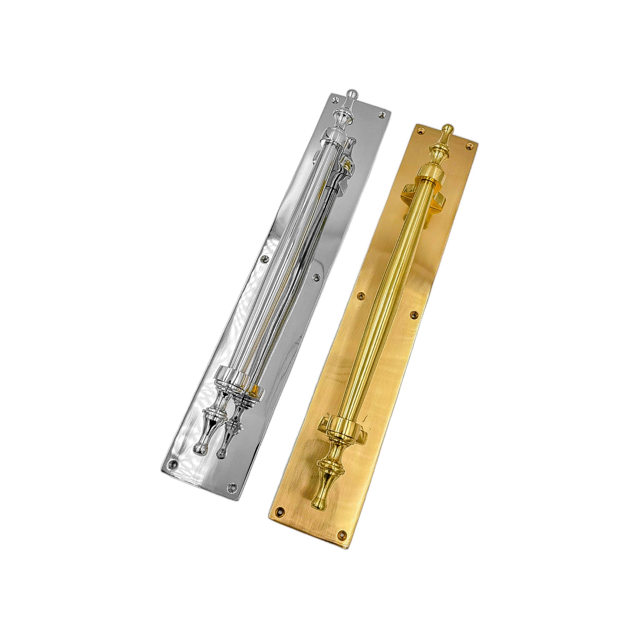 Dulice solid brass door pull handle on backplate, 380mm long and 68mm wide, with polished brass or chrome finish, ideal for large front doors and period properties