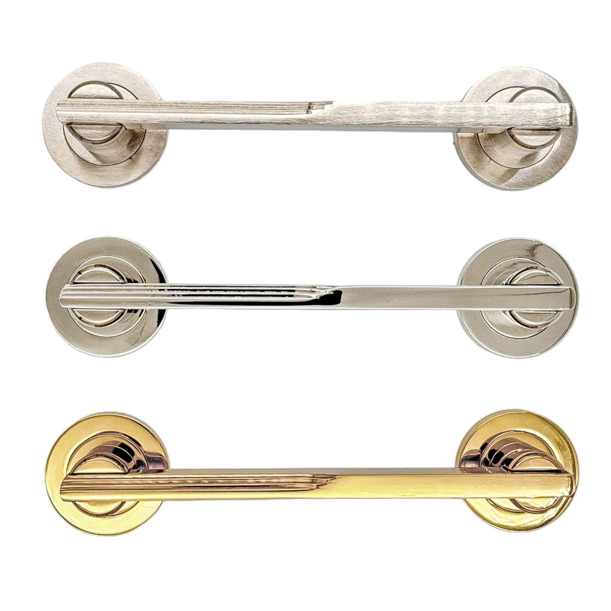 Prior solid brass pull handle, 229mm in length and 51mm wide, available in polished brass, polished nickel, and satin nickel finishes, ideal for contemporary interior doors