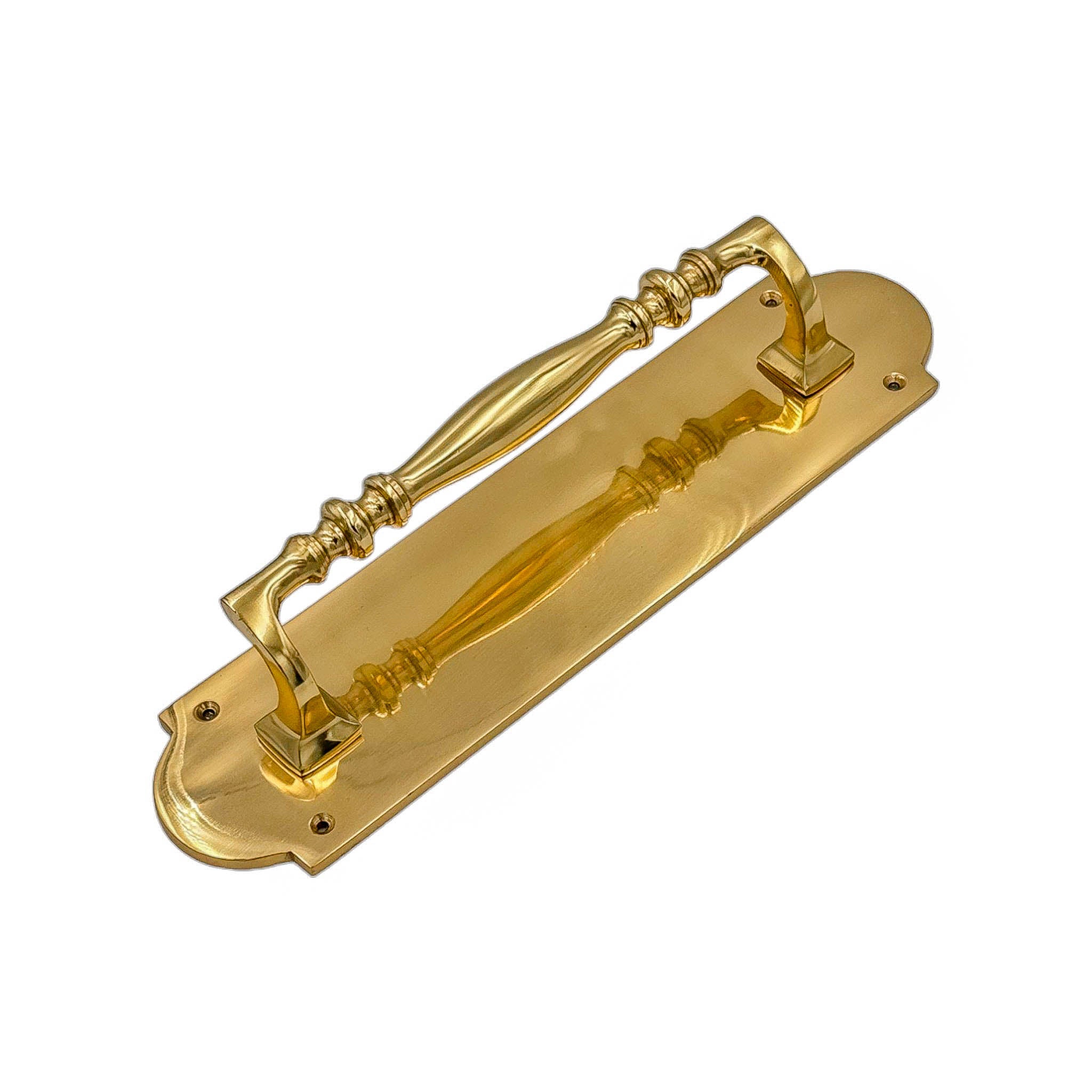 Horatio solid brass door pull handle, 300mm in length and 75mm wide, with a polished chrome or brass finish, designed for durability and style on residential or commercial doors.