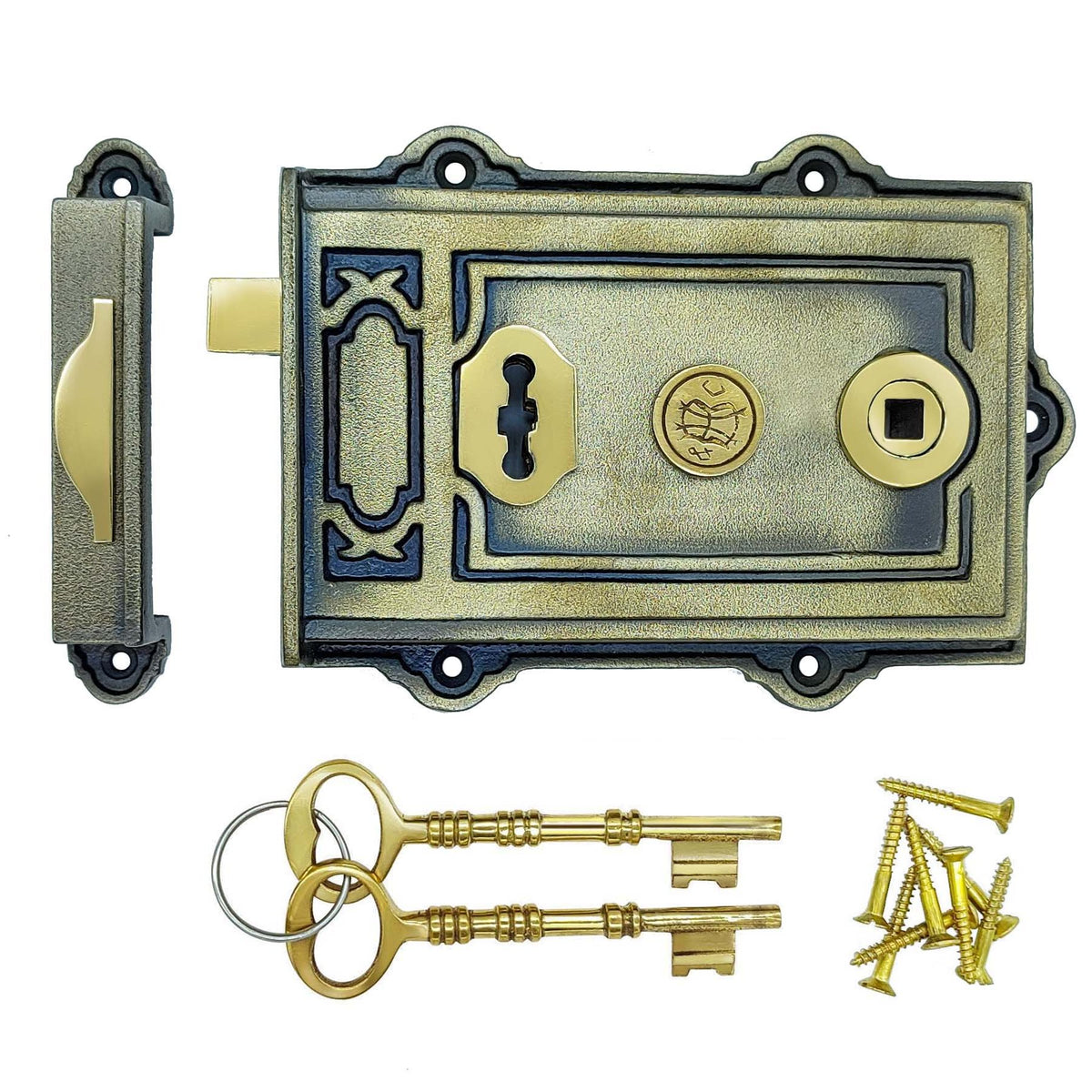 Euro Art Davenport Rim Lock with a timeless design, available in various finishes including Polished Brass Unlacquered, Polished Nickel, and Antique Pewter, among others.